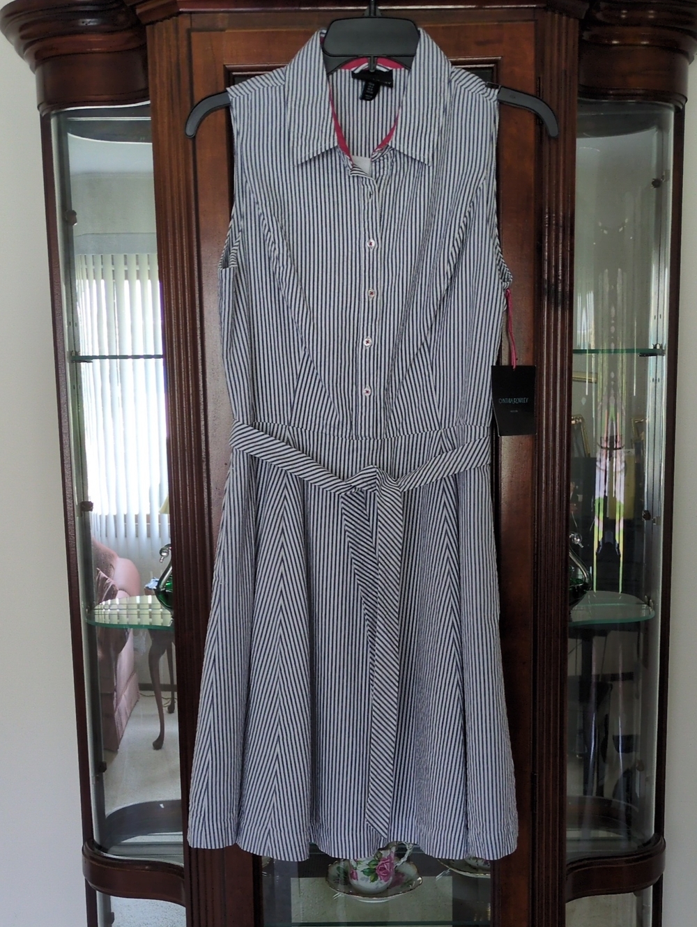 Cynthia Rowley Sleeveless Striped Shirt Dress with Tie Belt - Navy/White